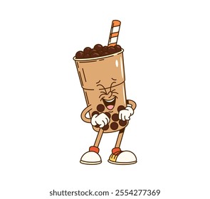 Cartoon groovy bubble tea cup character with a striped straw and tapioca pearls, wearing sneakers. Vector glass retro personage laughing with happy eyes and a big smile, giving off a joyful funky vibe