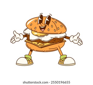 Caricatura groovy hamburguesa carácter de comida rápida. Vector aislado retro sabroso cheeseburger fastfood personage con queso, carne de res y huevo frito, irradiando positividad con una amplia sonrisa, exuda fresco ambiente funky