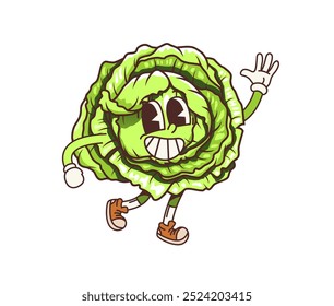 Caricatura de repollo groovy vegetal con una gran sonrisa amigable y ojos anchos., usando zapatillas de deporte y saludando alegremente. Personaje de verduras de granja maduras de Vector aislado exuda un ambiente alegre y enérgico