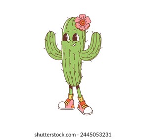 Caricatura magnífico cactus personaje. Cactus de Vector aislado niña nostálgica planta suculenta con puntas verdes afiladas, flor floreciente en la cabeza y zapatillas funky, se levanta con un ambiente alegre, despreocupado y sonrisa