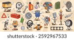 Cartoon groovy car spare part characters. Psychedelic hippie auto repair tools and spare parts vector personages. Retro groovy car engine, piston, oil and battery, wheel, tire, spark plug and gear