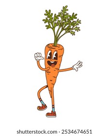 Cartoon groovy carrot vegetable character for retro comic food, vector personage. Groovy funky funny carrot with happy silly face and quirky expression for groovy food emoji in trippy good vibes