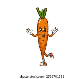 Cartoon groovy carrot vegetable character with cute face, vector funny comic. Funky groovy carrot with smile and happy emotion for funny vegetable food or cheerful veggie emoji in hipster shoes