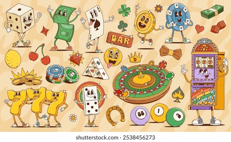 Cartoon groovy casino and gambling characters of gamble sport games and bets. Retro psychedelic poker card, dice, chips and roulette vector personages. Vintage groovy slot machine, gold coins, money