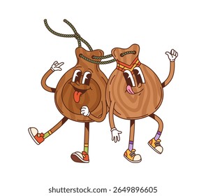 Cartoon groovy castanets musical instrument characters. Isolated vector funny percussion music tools of Latin America. Spanish culture, art and tradition friends personages flashing positive gestures