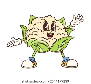 Cartoon groovy cauliflower cabbage character or funny vegetable, vector retro comic. Groovy cauliflower character with happy smile on silly face and funky quirky expression for vegetable emoji