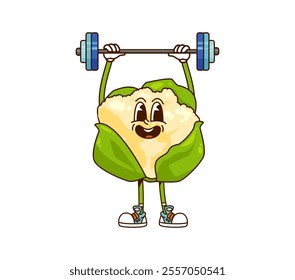 Cartoon groovy cauliflower vegetable character workout with barbell on fitness sport. Isolated vector veggie sportsman retro farm personage exercises with a weight engaged in healthy lifestyle in gym