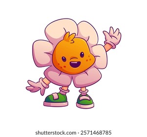 Cartoon groovy chamomile flower Valentine day character exudes love and retro y2k vibes. Vector daisy blossom personage with cheerful face, exudes emotion of happiness. radiates joy and positivity