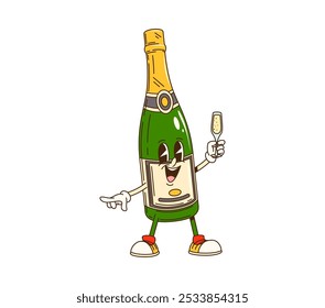 Cartoon groovy champagne bottle Christmas character celebrates party. Isolated vector sparkling wine retro personage holding a glass rejoice with happy smile, embodying carnival vibe of 60s or 70s