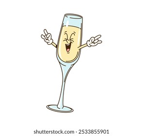 Cartoon groovy champagne glass Christmas character celebrates Xmas party. Isolated vector wineglass retro personages rejoice with happy smile, embodying carnival funky vibe of 60s or 70s hippie era