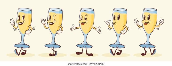 Cartoon Groovy Champagne Mascot Retro Illustrations Set. Vintage Alcohol Drink Sparkling Wine Glass Collection Vector Mascot Template. Happy Vintage Cool Beverage Personage Illustration. Isolated