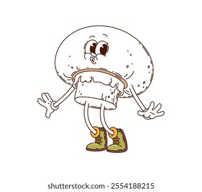 Cartoon groovy champignon vegetable character. Isolated vector cheerful mushroom personage happily whistling. Hippie fungus with expressive eyes wearing retro sneakers, with a happy and relaxed face