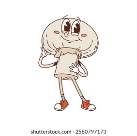 Cartoon groovy champignon vegetable character. Isolated vector cheerful mushroom personage happily smiling. Hippie fungus with expressive eyes wearing retro sneakers, with a happy and relaxed face