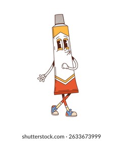 Cartoon groovy character of a medical tube in retro sneakers. Vector funny cream container shows expressive gesture with big eyes and crossed legs. Y2k hippie medicine personage with nostalgic emotion