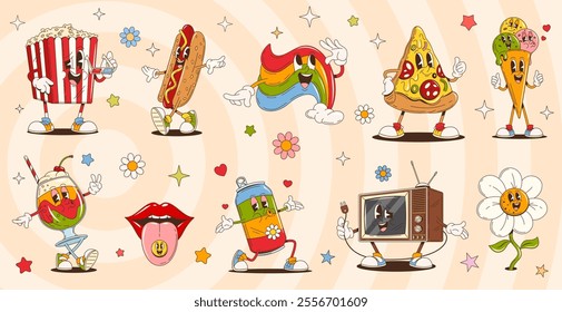 Cartoon groovy characters of funny fast food and drink. Retro psychedelic personages of hippie rainbow, daisy flowers and smile lips with tongue. Vintage groovy pizza, hot dog, ice cream and soda can