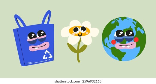 Cartoon groovy characters on the theme of recycling in trendy retro style. Eco lifestyle, no plactic, eco bag, zero waste. Environmental protection, recycling. Vector illustration