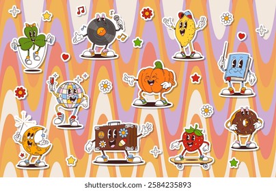 Cartoon groovy characters stickers pack. Retro hippie disco ball, vinyl record and moon vector characters with stars and flowers. Groovy strawberry, Halloween pumpkin and St Patricks clover leaf