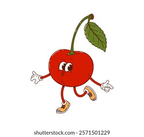 Cartoon groovy cherry berry character happily whistling and dancing. Isolated vector cool red berry with stem and leaf, retro personage wearing sneakers and exuding laid back funky hippie y2k vibes