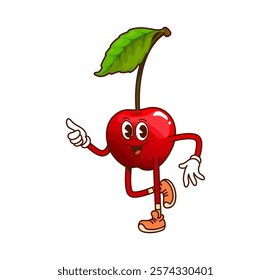 Cartoon groovy cherry berry character happily posing with thumbs up. Isolated vector cool red berry with stem and leaf, retro personage wearing sneakers and exuding laid back funky hippie y2k vibes