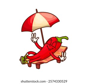 Cartoon groovy chili pepper vegetable character chilling on a beach chair under an umbrella. Vector funky jalapeno or guindilla personage embodies carefree holiday vibes and fun during summer vacation