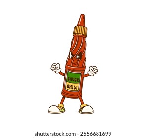 Cartoon groovy chili sauce bottle character with angry face, vector comic. Groovy hot spicy chili sauce bottle cartoon character with freaky smile for barbecue or BBQ fast food and grill menu