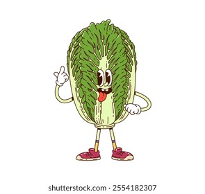 Cartoon groovy Chinese cabbage vegetable character with a big, friendly smile, wearing sneakers, and gesturing happily. Isolated vector ripe farm veggie personage exudes a cheerful, energetic vibe