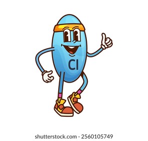 Cartoon groovy chlorine vitamin and micronutrient character. Isolated vector cl molecule exudes fun, sporty vibe. Blue, oval capsule in headband and sneakers giving thumbs up gesture with a big smile