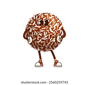 Cartoon groovy chocolate candy sweet ball character with coconut flakes showcasing playful Y2k retro vibe with happy eyes and arms akimbo. Isolated vector dessert ready to bring joy fun and happiness