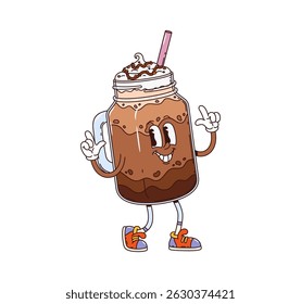 Cartoon groovy chocolate milkshake dessert character. Isolated vector funky drink y2k personage in mason jar with whipped cream, straw and a cookie on top, wearing retro sneakers, gives lively signs