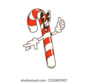 Cartoon groovy Christmas candy cane character showing thumbs-up. Isolated vector retro candycane sweet treat decorated with vibrant red and white stripes, wearing gloves and has a big toothy smile