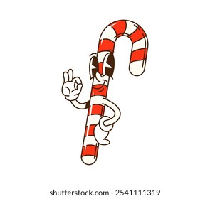 Cartoon groovy Christmas candy cane character smiles and showing ok sign. Isolated vector retro candycane sweet treat decorated with vibrant red and white stripes, wearing gloves and has big eyes