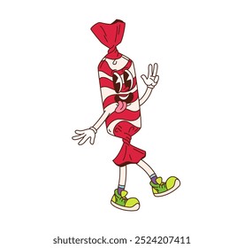 Cartoon groovy Christmas candy character in striped wrap. Isolated vector sweet candy treat striking a peace sign, and exuding joyful and festive vibes for Xmas holiday celebration and festive events