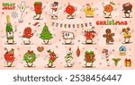 Cartoon groovy Christmas characters for winter holiday, vector funny emoji. Groovy Christmas tree with Santa gifts, funky gingerbread man and chocolate with marshmallow as retro cartoon characters