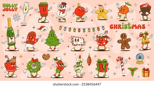 Cartoon groovy Christmas characters for winter holiday, vector funny emoji. Groovy Christmas tree with Santa gifts, funky gingerbread man and chocolate with marshmallow as retro cartoon characters