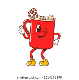 Cartoon groovy Christmas cup character with marshmallow. Isolated vector red mug personage with cheerful winking face enjoying the festive season with cocoa drink, candy cane and playful holiday vibe