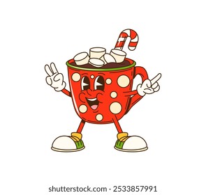 Cartoon groovy Christmas cup character adorned with marshmallow and candy cane. Isolated vector red mug personage, cocoa drink with cheerful face enjoying festive season with playful holiday vibe