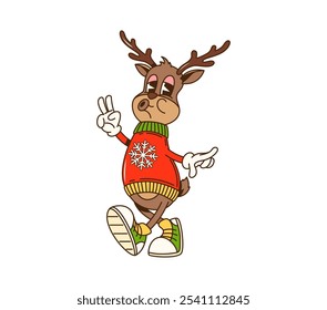 Personaje de ciervo de Navidades groovy de dibujos animados vestido con suéter y zapatillas de deporte de colores. Personaje animal de reno de Vector aislado listo para la celebración festiva de la temporada de Navidad. Alegre y funky animal de vacaciones