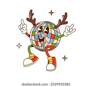 Cartoon groovy Christmas disco ball character. Vector festive retro personage with colorful facets, reindeer horns and cheerful smile happily dancing adds playful and lively vibe to xmas celebration