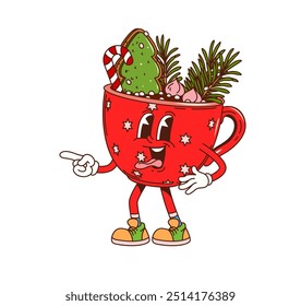 Cartoon groovy Christmas eggnog character. Cute red cup filled with eggnog drink, gingerbread cookie, candy cane and festive decorations. Isolated vector mug with star pattern ready for holiday fun