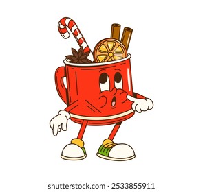 Cartoon groovy Christmas eggnog character. Isolated vector cute red cup with curious face, filled with eggnog drink, candy cane, orange slice, star spice and festive decorations, ready for holiday fun