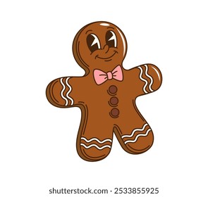 Cartoon groovy Christmas gingerbread man character. Isolated vector gingerman holiday pastry personage. Freshly baked, cheerful, delightful, traditional homemade Xmas confection for festive greetings