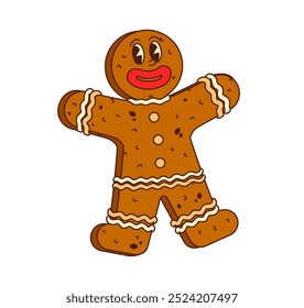 Cartoon groovy Natal gengibre personagem. Vetor isolado gengibre homem pastelaria feriado personagem para saudações festivas. Confecção caseira extravagante, alegre, deliciosa e tradicional Xmas