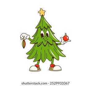 Dibujos animados groovy Navidades de vacaciones de pino personaje de árbol con estrella topper y sosteniendo adornos de chucherías. Vector aislado decorado abeto retro o abeto de conífera con luces y zapatillas hippie de moda