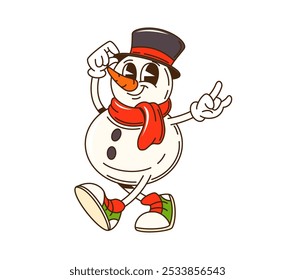 Cartoon groovy Christmas snowman character with a top hat, vintage sneakers and red warm scarf. Isolated vector retro snow man personage smiling, embodying joyful spirit of the winter holiday season