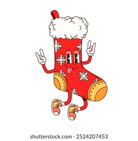 Cartoon groovy Christmas sock character making rock hand gestures. Isolated vector fun red stocking features snowflake decorations and wears sneakers, adding retro festive vibes to the holiday season