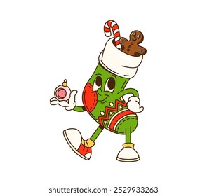 Cartoon groovy Natal meia personagem preenchido com gengibre homem e doces presentes de cana. Isolado vetor xmas retro estoque decorado com vermelho e verde padrão tem um rosto feliz e vestindo tênis