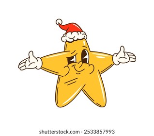 Cartoon groovy Christmas star character radiating holiday joy and energy. Isolated vector retro Xmas twinkle personage in Santa Claus hat exudes infectious enthusiasm, spreading cheer and joyous vibes