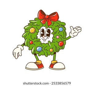 Personaje de corona de Navidades groovy de dibujos animados, adornado con adornos y lazo rojo. Vector aislado alegre corona de Navidad personaje retro ondeando con cara sonriente. Decoración festiva de vacaciones con ambiente hippie