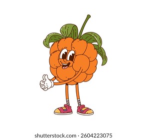 Cartoon groovy cloudberry berry character with a wide toothy smile. Isolated vector ripe and healthy retro food personage with green leaves on top, large eyes, sneakers and cheerful facial expression