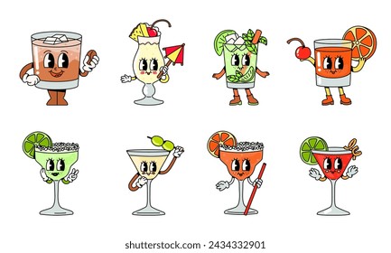 Cartoon groovy cocktail characters collection. Set of alcoholic drinks in glasses of different shapes with cute faces, hands and feet. Vector illustration.